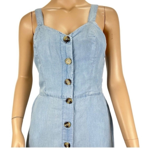 Japna Chambray Button Up Sweetheart Neckline Smocked Back Cottagecore Midi Dress - Picture 2 of 9